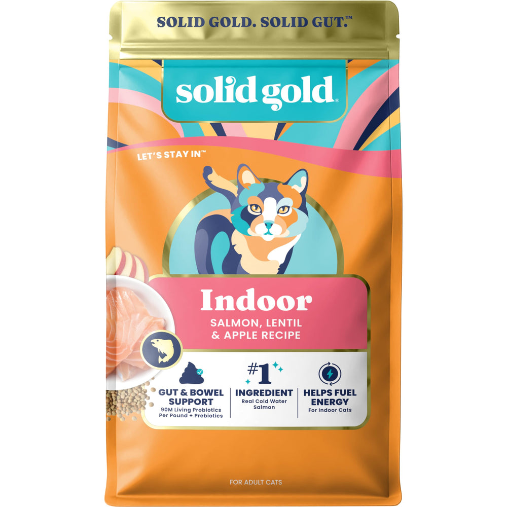 Solid Gold indoor salmon kibble image highlighting hairball control and digestion benefits