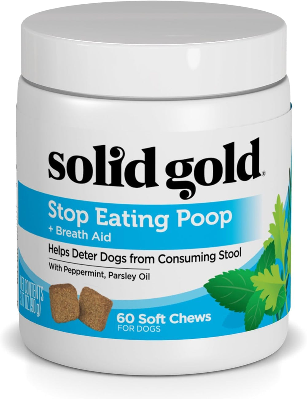 Solid Gold No Poo Chews for Dogs bottle front showing deterrent chew for stool eating