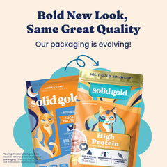 Solid Gold omega-3 coat-support closeup signals nourishing fats for shiny fur.