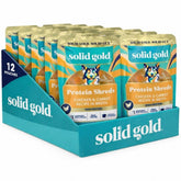 Solid Gold Protein Shreds chicken broth topper adds protein and flavor to dry dog food.