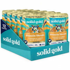 Solid Gold Protein Shreds chicken broth topper adds protein and flavor to dry dog food.