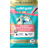 Solid Gold Salmon dog food bag closeup promotes easy digestion.