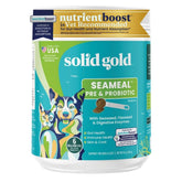 Solid Gold SeaMeal probiotic bottle shown for gut support in dogs and cats.