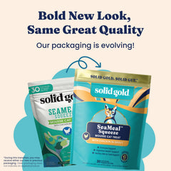 Solid Gold SeaMeal cat topper on dry food, ideal for picky eaters.