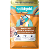 Solid Gold Sensitive Stomach kibble close-up emphasizing grain-free formula for sensitive stomachs