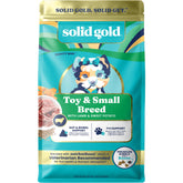 Solid Gold small-breed kibble close-up shows lamb flavor and tiny bites for toy dogs.