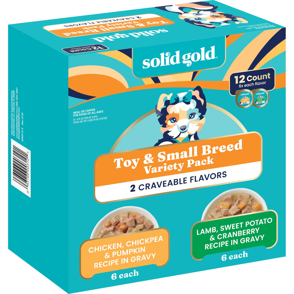 Solid Gold small-dog wet food cups variety pack for easy feeding.