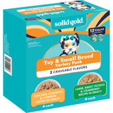 Solid Gold small-dog wet food cups variety pack for easy feeding.