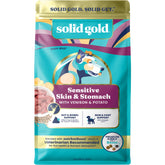 Solid Gold venison dry dog food bag highlights grain-free formula for gentle digestion.
