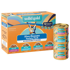 Solid Gold wet cat food variety pack in packshot showing meal variety for cats