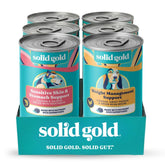 Solid Gold wet dog food variety pack shot showing two formulas for picky eaters