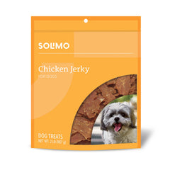 Solimo chicken jerky dog treats packaging front shows the bag and branding for tasty rewards.