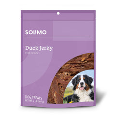 Solimo duck jerky dog treats 2 lb pack, ideal reward snack for dogs.