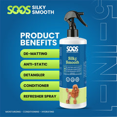 SOOS Pet Silky Smooth detangler aids gentle combing through coats.