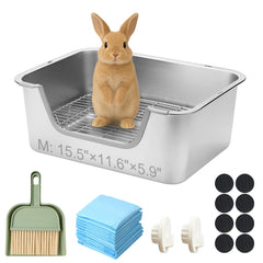 Sorstrem stainless steel sifting rabbit litter box in full view promotes a tidy, hygienic cage.