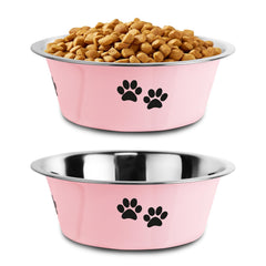 SOUXU pink stainless steel dog bowl top view with silicone chassis for quiet meals