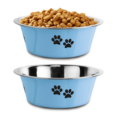 SOUXU stainless steel dog bowl in blue with a non-slip base for steady meals.