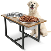 Spacnom elevated bowls stand in rustic walnut for comfortable feeding
