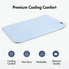 Spark Paws cooling mat hearts blue dog resting on mat captures soft fabric promoting airflow for a cool-down