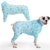 Spark Paws dog pajama front view in breakfast blue, showcasing ultra-soft comfort.
