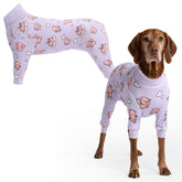 Spark Paws dog pajama front view demonstrates 4-way stretch for flexible movement