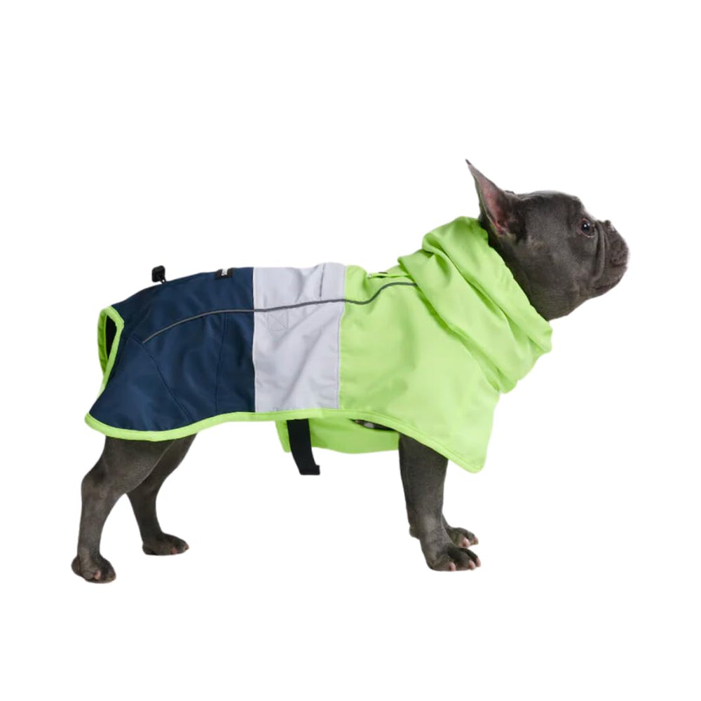 Spark Paws raincoat with full-coverage design keeps dogs dry in rain.