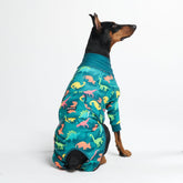Spark Paws dog surgery recovery suit with dinosaurs overview provides full abdominal protection and comfort