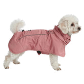 Spark Paws Sea Pink raincoat on dog, full-coverage protection against rain.
