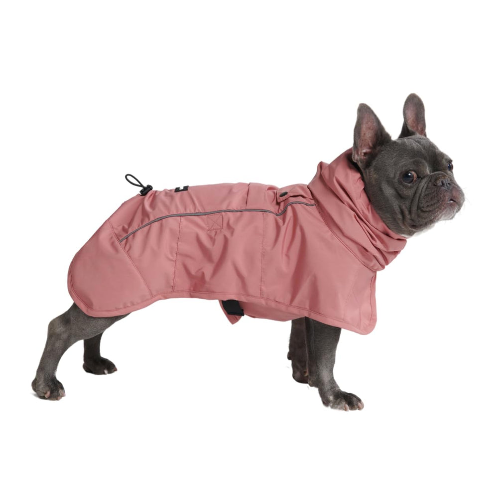 Spark Paws Sea Pink raincoat provides full-body coverage to keep dogs dry.