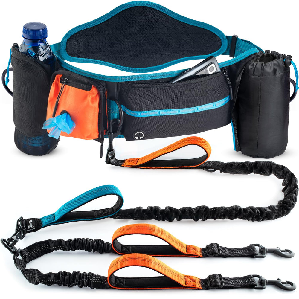 SparklyPets double-bungee waist leash for two dogs offers hands-free control.