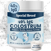 Special Breed 40% IgG dog colostrum powder bottle shows potent immune support.