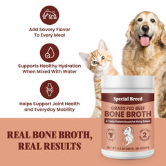 Special Breed bone broth powder sprinkled on kibble enhances taste and appeal.