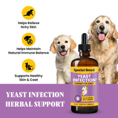 Special Breed liquid drops for dogs shown dispensing, easy dosing for picky eaters.