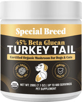 Special Breed organic turkey tail powder bottle shows pure, potent immune support for pets
