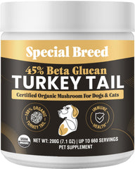 Special Breed organic turkey tail powder bottle shows pure, potent immune support for pets