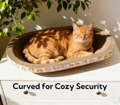 Spindro nest bowl scratcher invites cats to curl up while scratching.