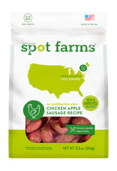 Spot Farms Chicken Apple Sausage dog treats front pack shows USA-made quality.