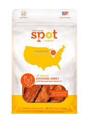 Spot Farms chicken jerky bag shows all-natural ingredients; ideal as a training reward.