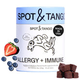 Spot & Tango Allergy + Immune bottle pour demonstrates a vet-developed formula supporting coat health