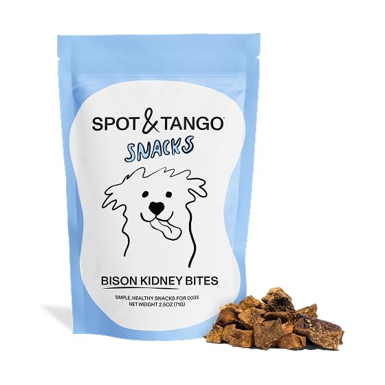 Spot & Tango Bison Kidney Bites packaging showcases USA-made, grain-free rewards for dogs.