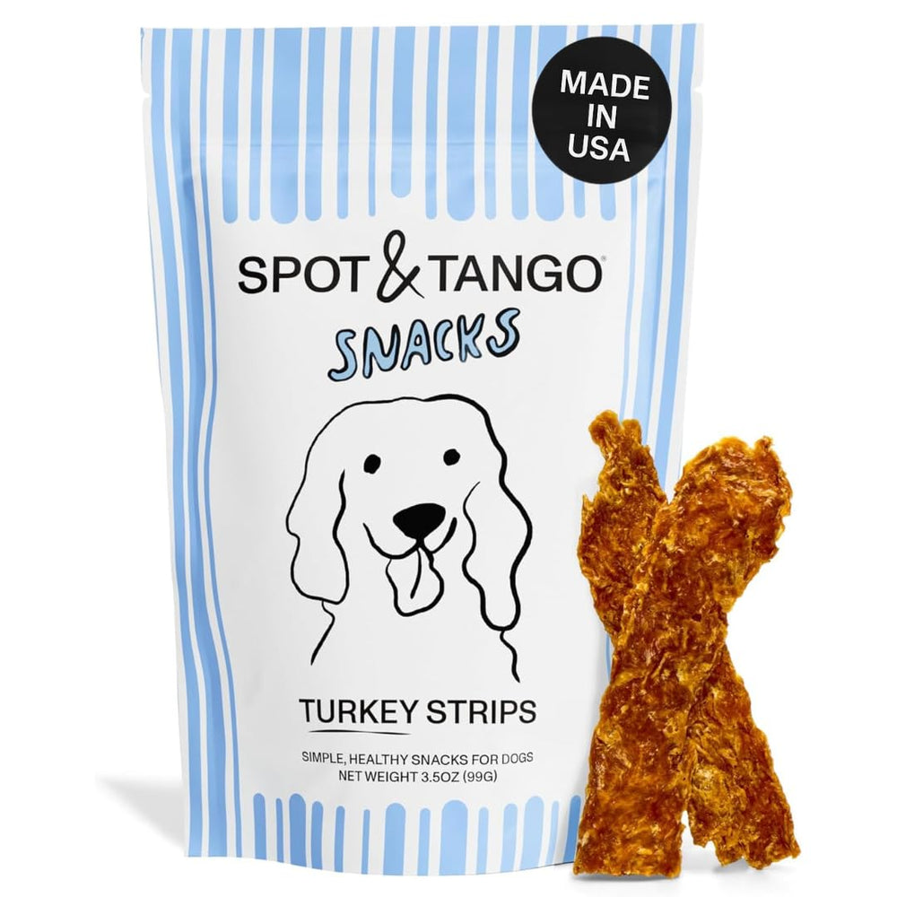 Spot & Tango Turkey Strips bag front showcases single-ingredient, grain-free treats for dogs.