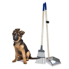 Spotty wood-handle pooper scooper with a sturdy aluminum tray for yard cleanup.