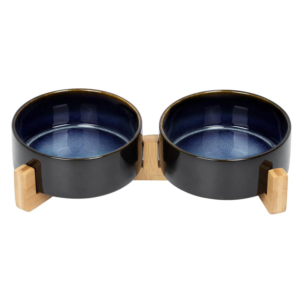 SPUNKYJUNKY ceramic bowls on wooden stand in Starry Blue, for neat mealtime
