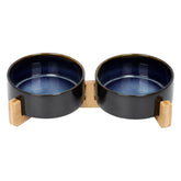 SPUNKYJUNKY ceramic bowls on wooden stand in Starry Blue, for neat mealtime