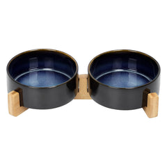 SPUNKYJUNKY ceramic bowls on wooden stand in Starry Blue, for neat mealtime