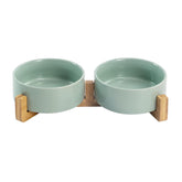 SpunkyJunky ceramic dog bowl with wooden stand for a safe, stylish feeding setup.