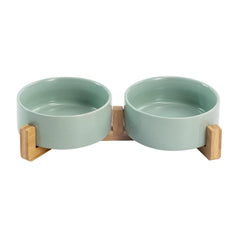 SpunkyJunky ceramic dog bowl with wooden stand for a safe, stylish feeding setup.