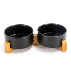 SPUNKYJUNKY ceramic dog cat bowl set with wooden stand for neat mealtime