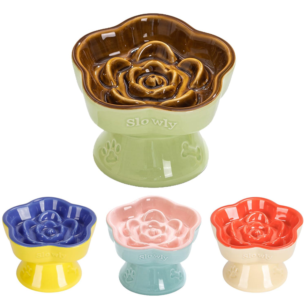 S&Q'S CERAMICS raised slow feeder cat bowl with brown flower design promotes calmer meals.