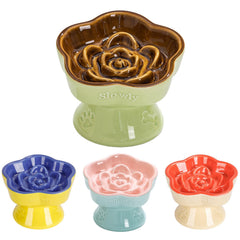 S&Q'S CERAMICS raised slow feeder cat bowl with brown flower design promotes calmer meals.
